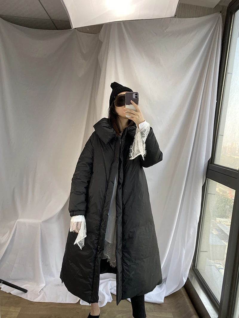 [EAM] Черное длинное пальто большого размера с хлопковой подкладкой, с длинным рукавом, свободный крой, женские парки, модная новинка, Осень-зима, 1M424