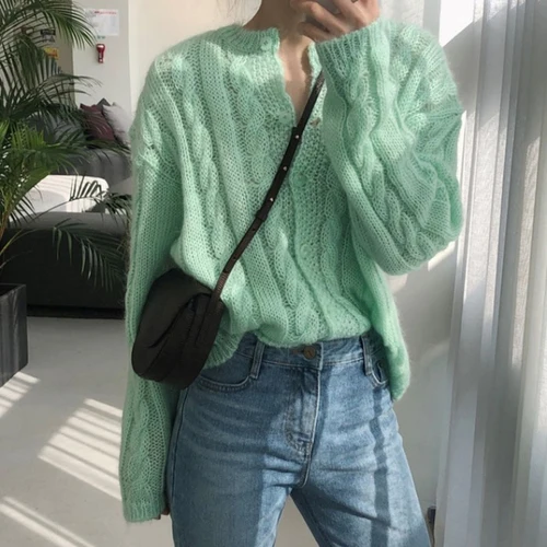 light green Woherb корейский женский кардиган свитер ярких цветов однотонный свободный трикотажный свитер с петельками пальто повседневный вязаный кардиган пуловер - Цвет: light green