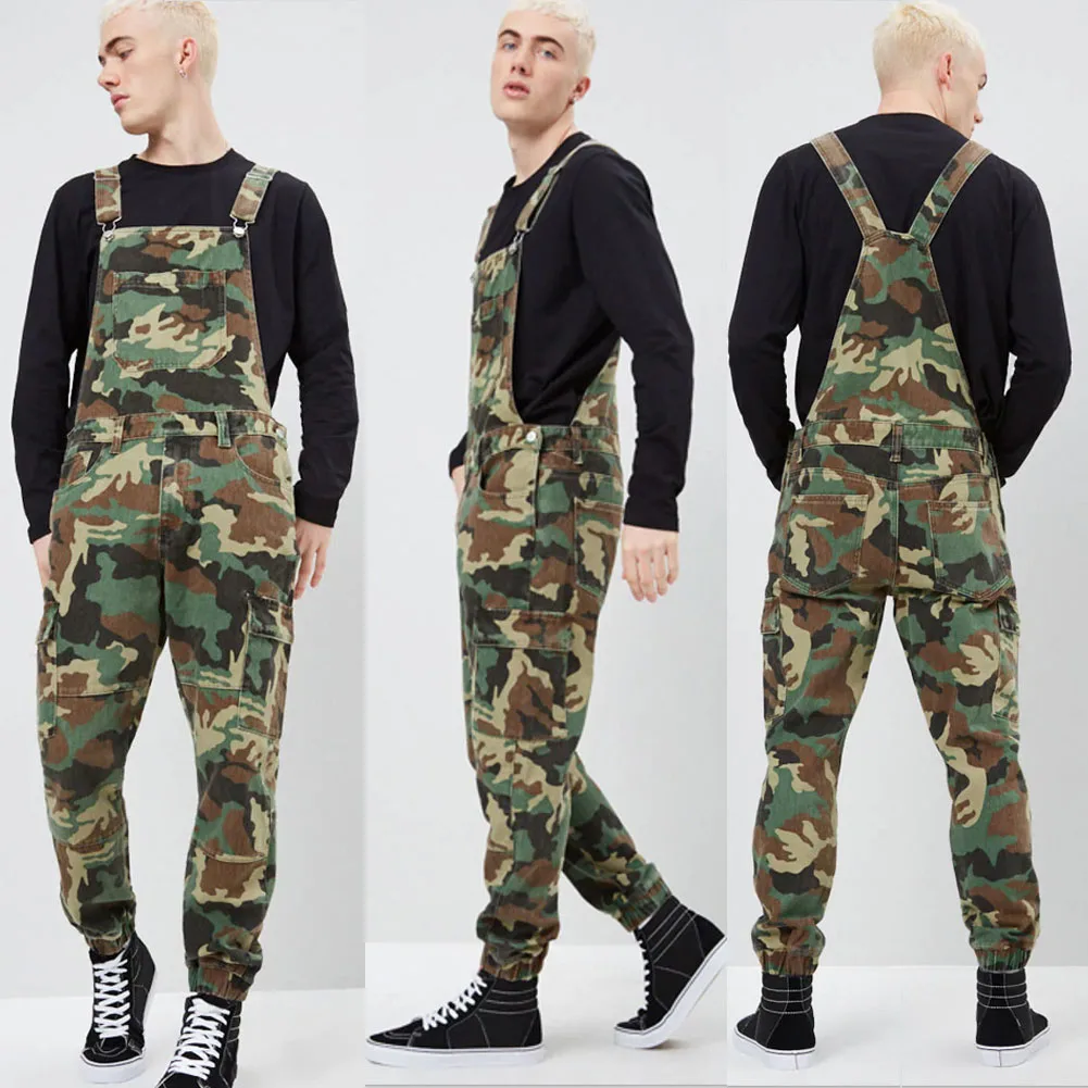 Men's Distressed Denim Camouflage Overalls Bib Jumpsuit Moto Biker Casual Pants Men's Camouflage Bib