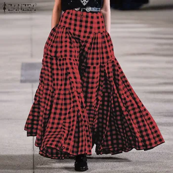 

ZANZEA Women Vintage Plaid Checked Pleated Skirts Long Skirts Summer High Waist Bohemian Maxi Skirts Party Faldas Casual Jupe