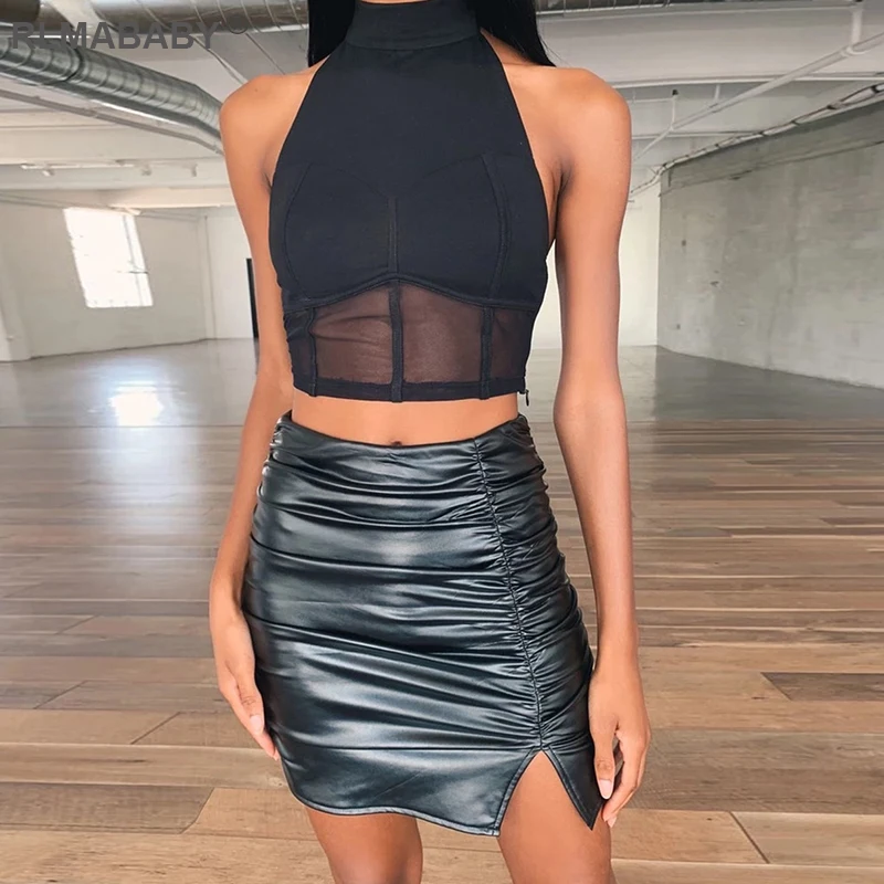 RLMABABY Autumn Winter Black PU Leather Pleated Skirts Slim Ruched Split High Waist Skirts Casual Streetwear Sexy Women Skirts