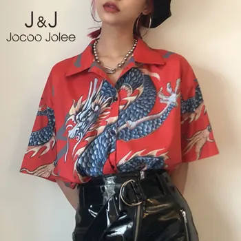 

Jocoo Jolee Women Loose Harajuku Blouse Summer Short Sleeve Dragon Print Shirts Korean BF Style Tops and Blouses Streetwear