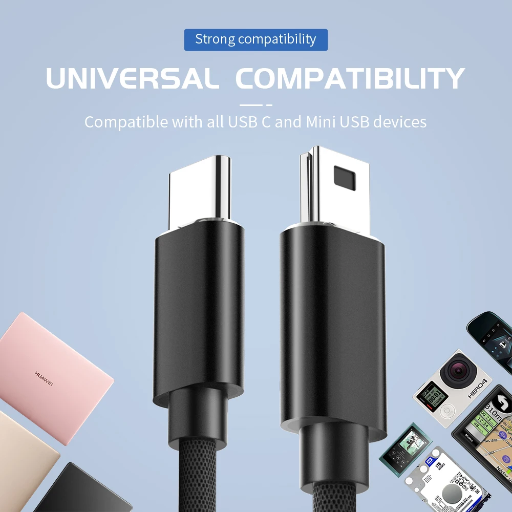 USB Type C To Mini USB Quick Charging Cable USB2.0 Charger Data Transfer Cable For Computer Synchronization Data Transmission