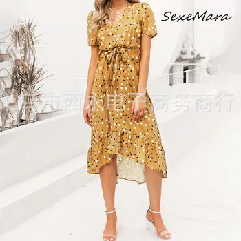 

2020 Summer Casual Print Women Dress Fashion Elegant V=neck Ruffles Empire Slim Maxi Dress