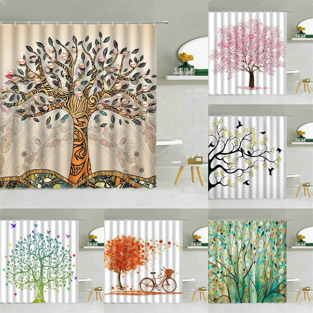 

Занавеска для душа с креативным рисунком дерева, водонепроницаемая декоративная занавеска в ванную комнату с жемчужинами, листьями, птицами, животными, с крючками