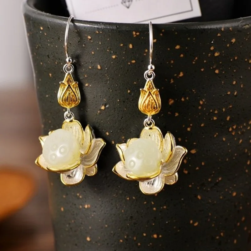 

Sterling Silver Earrings Fine Jewelry Luck Hetian Jade Lotus Flower Dangle Earrings 42x18mm