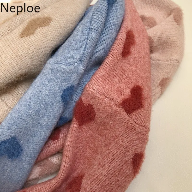 Neploe зимняя одежда с имитацией водного бархата, Розовый пуловер с круглым вырезом и узором в виде сердца, женский теплый свитер с длинным рукавом 47733