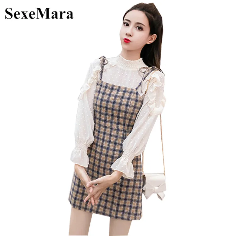 

Plus Large Size Dress 2019 Autumn And Winter New Korean Women's Fashion Sling Plaid Vest Two-Piece Suit Slim Dress Female