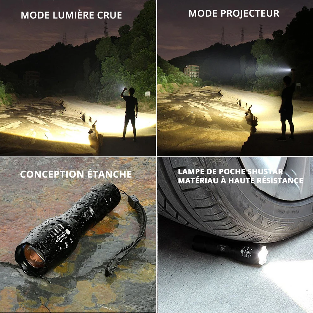 Lampe de poche LED haute luminosité, torche de lampe de poche rechargeable  USB la plus puissante, Ipx6 résistant à l'eau pour le camping / extérieur /  clignotant d'urgence et everyd