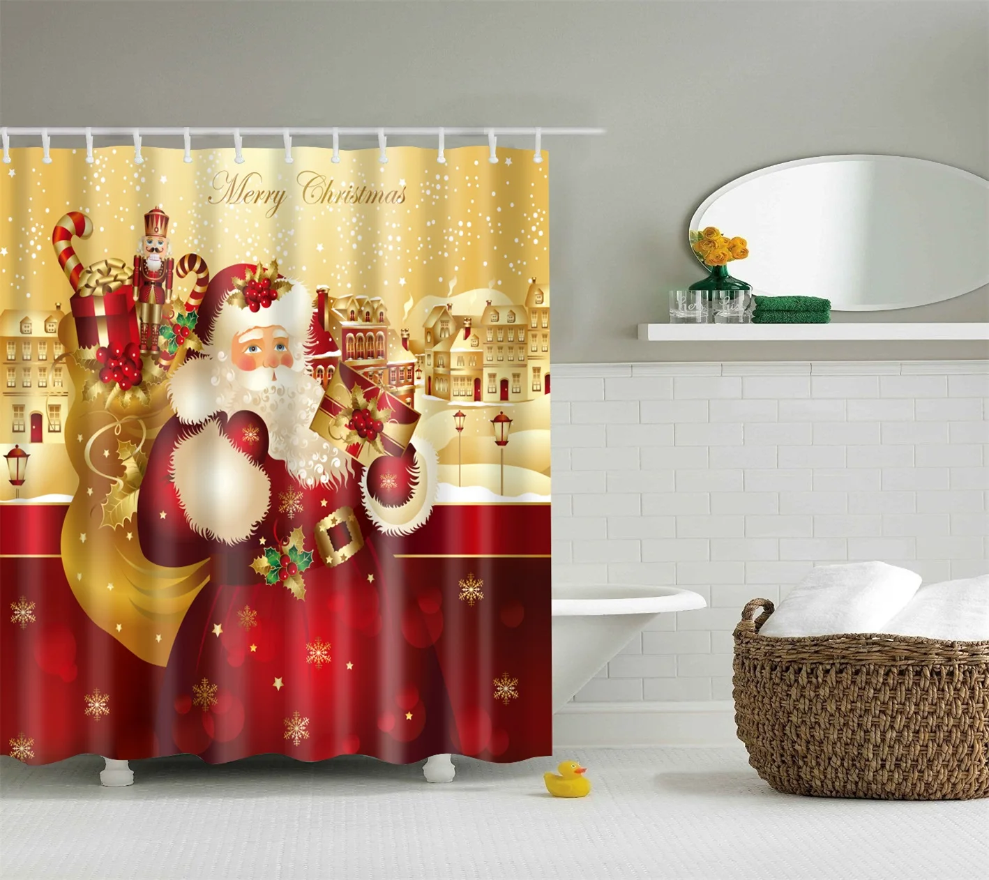 Светящаяся Рождественская занавеска для душа с новогодним Санта-Клаусом, красные водонепроницаемые шторка для душа, ванной комнаты, Рождественский Декор, подарки