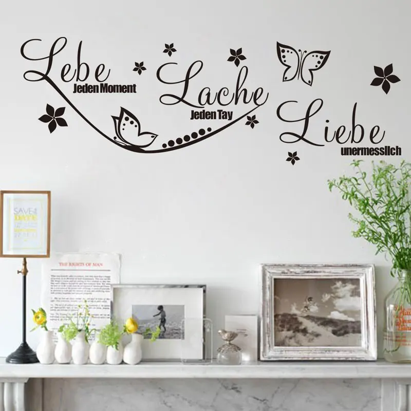

German Live Laugh Love Quotes Wall Stickers Home Decor For Living Room Bedroom Butterfly Flower Decoration Wall Decal Mural M24