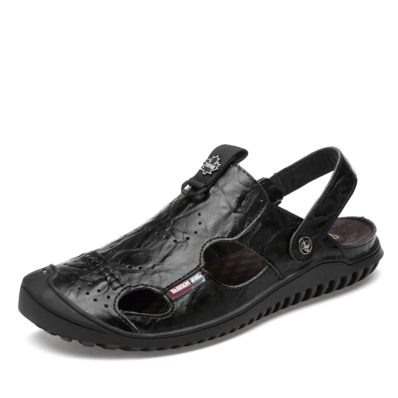 WOLFANT New two-layer Leather Sandals outdoor low-top Sandals man sandals zapatillas de plataforma verano - Цвет: Черный
