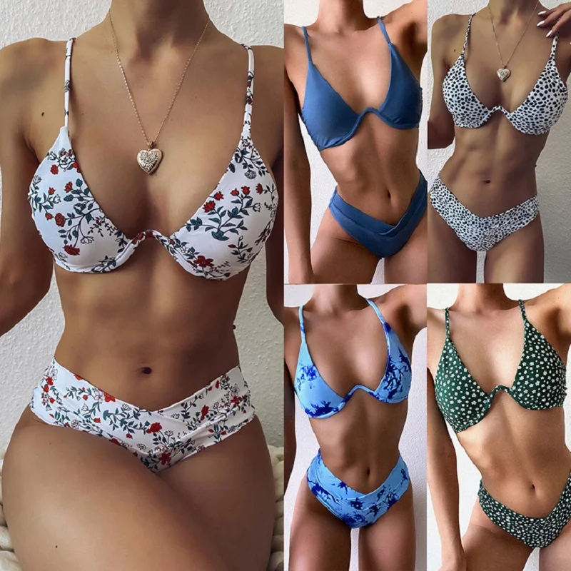 Europe and the United States 2020 hot sexy U-shaped steel ring bikini high waist cross split swimsuit | Женская одежда