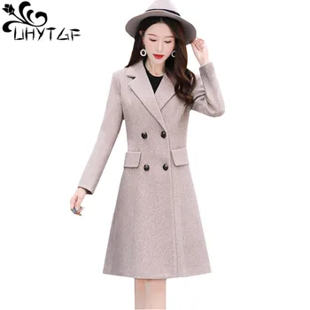 

UHYTGF Wool coat woman Pure color wild elegant female long coats fashion double-breasted quality autumn winter woolen jacket 986