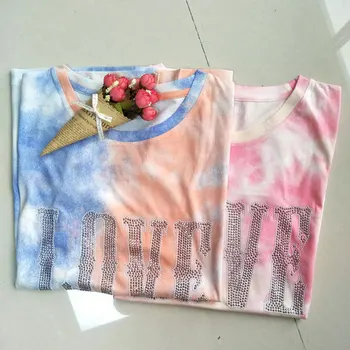 

Women T-shirt Tie-dye Women's Cotton Hot Drilling LOVE Letter T-shirt Short-sleeved Gradient Personality Color Women's Clothing