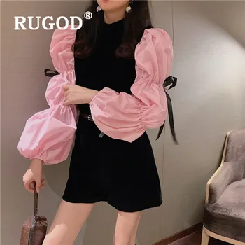 

RUGOD Blackpink Puff Sleeve Velvet Jumpsuit Women Color Block Romper Collect Waist Korean Style Belt Elegant Ladies Fashion 2019