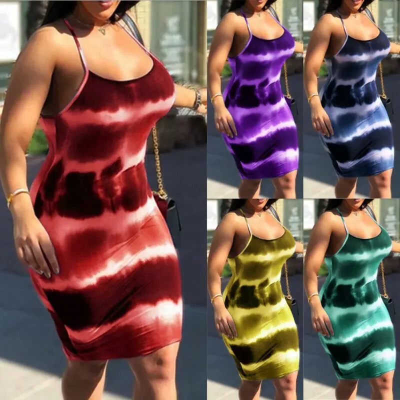 2019 New Trend Women mini Dress Female Sling Sleeveless Slash Neck Tie Dye Printing Bodycon Short Mini Bodycon Vestito Clubwear