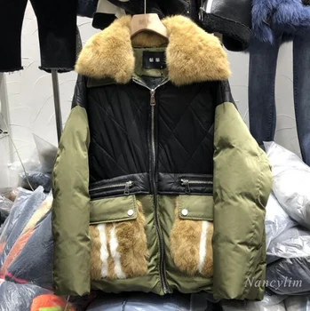 

Down Cotton Overcoat Female 2020 Winter New Fashion Color Contrast Genuine Real Fur Collar Loose Thickening Warm Coat