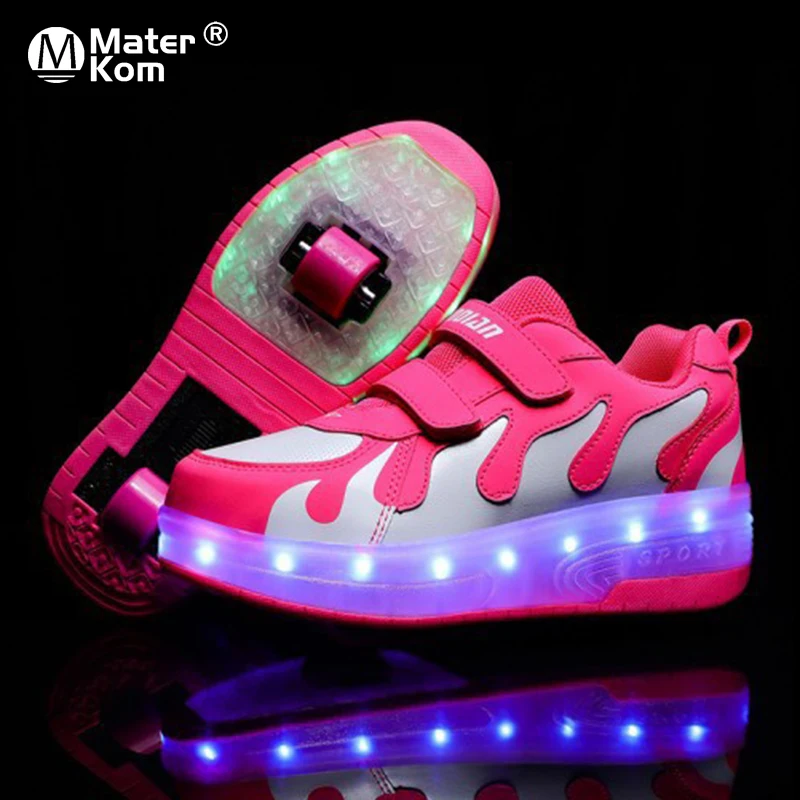 

Size 28-42 Light Up Sneakers with Roller for Kids Girls USB Charging Luminous Children Skate Shoes on Double Wheels with Lights