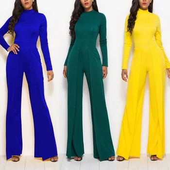 

Women Nightclub Wide Leg Jumpsuit Round Neck Long Sleeve Solid Color Loose Party Rompers NYZ Shop