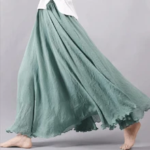 Весенние хлопковые льняные длинные юбки женские летние винтажные плиссированные юбки с эластичной резинкой на талии элегантные длинные юбки с оборками больших размеров для женщин