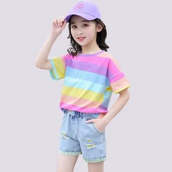 

Girls Clothing Tshirt + Denim Short Clothes For Girls Rainbow Color Costume For Girl Teenage Children's Clothes 6 8 10 12 14