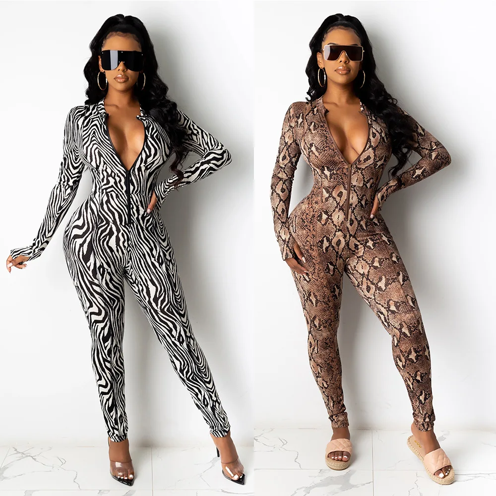 Mono Sexy con estampado de serpiente para mujer, mono de Fitness con cremallera, mallas de manga larga, estampado de cebra, Bodycon, ropa
