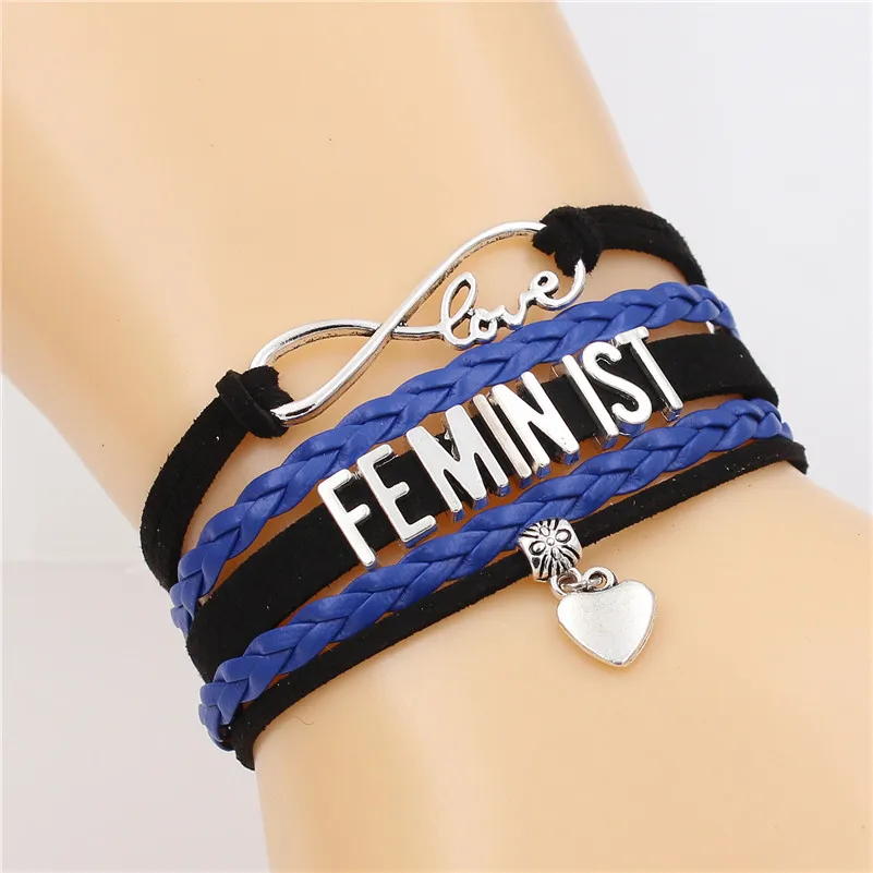 Новые серебряные кожаные браслеты Feminist Infinity Lover Сердце Шарм ручной работы регулируемые браслеты ювелирные изделия для женщин дропшиппинг