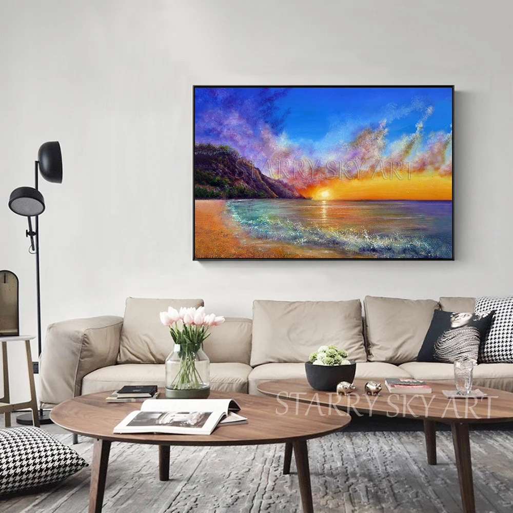 Excellent Artist Hand-painted High Quality Beach and Sunrise Acrylic Painting on Canvas Rich Colors Seascape Acrylic Painting