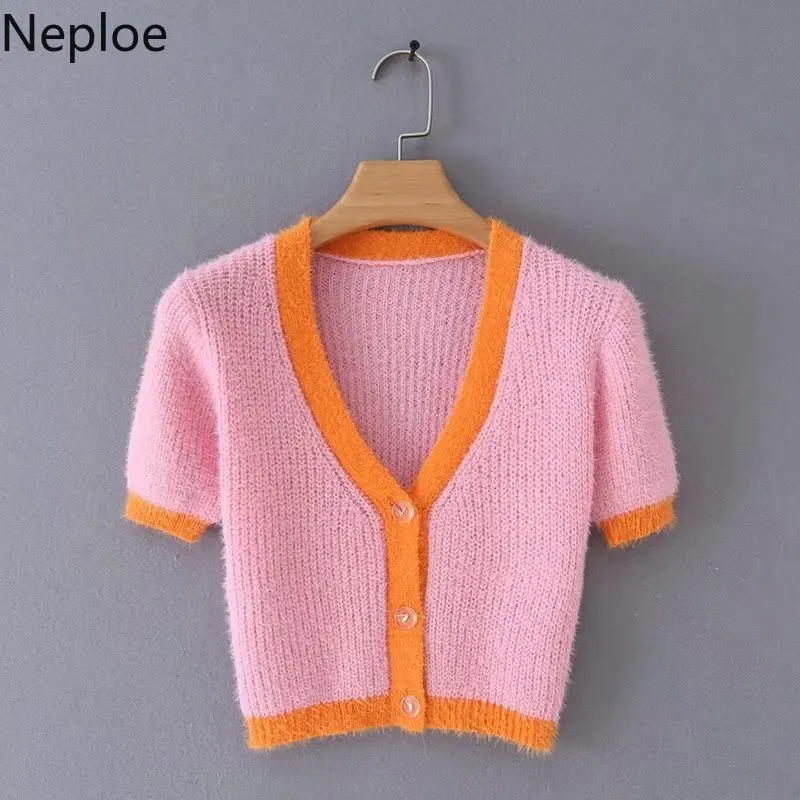 Neploe вязаный кардиган с v-образным вырезом контрастного цвета в стиле пэтчворк, Свитер Приталенный с длинным рукавом, Короткое женское пальто Верхняя одежда 47698