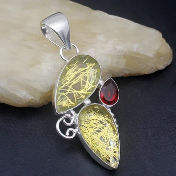 

Natural Rutilated Quartz Red Garnet Silver Color Charms Necklace Pendants VC80