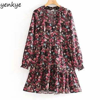 

Autumn Dress Women Multicolor Vintage Floral Print Dress Long Sleeve Lace Up V Neck Loose Casual Dress Short XNWM9112