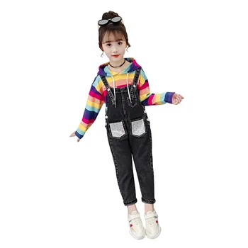 

2PCS Girls Jeans Overalls Hooded Set 2-12Yrs Kids Long Sleeve Top Pants Suits Children Rainbow Stripe Denim Rompers Sets Clothes