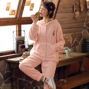 

Winter Hooded Pajamas Women Long Sleeved Coral Fleece Warm Flannel Pyjamas Women Lounge Pajama Set Big Size M-2XL Sleepwear