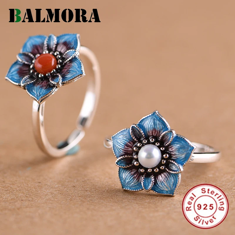 BALMORA, 1 шт., Стерлинговое Серебро 925 пробы, имитация жемчуга, Цветочные открытые кольца для женщин, модные этнические ювелирные изделия, Anillos