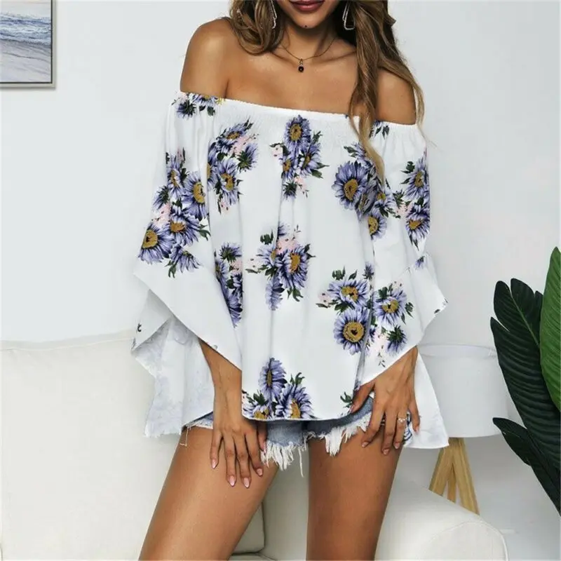 Женские летние цветочные с открытыми плечами Boho шикарные расклешенными рукавами