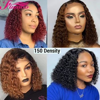 

150 Density 1b 99j Burgundy Curly Bob Lace Front Human Hair Wigs Brazilian Remy Ombre Honey Blonde Brown Short Human Hair Wigs