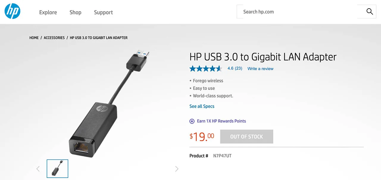 HP惠普千兆网卡USB转RJ45 USB 3.0 to Gigabit LAN Adapter 小螃蟹RTL8153 以太网适配器 N7P47AA