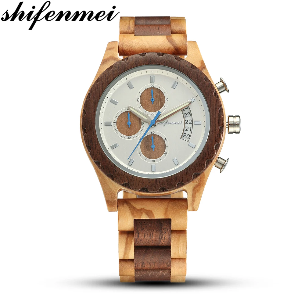 

Shifenmei Top Luxury Wood Men Watch 2019 Fashion Wooden Timepieces Chronograph Quartz Watches Date Display relogio masculino