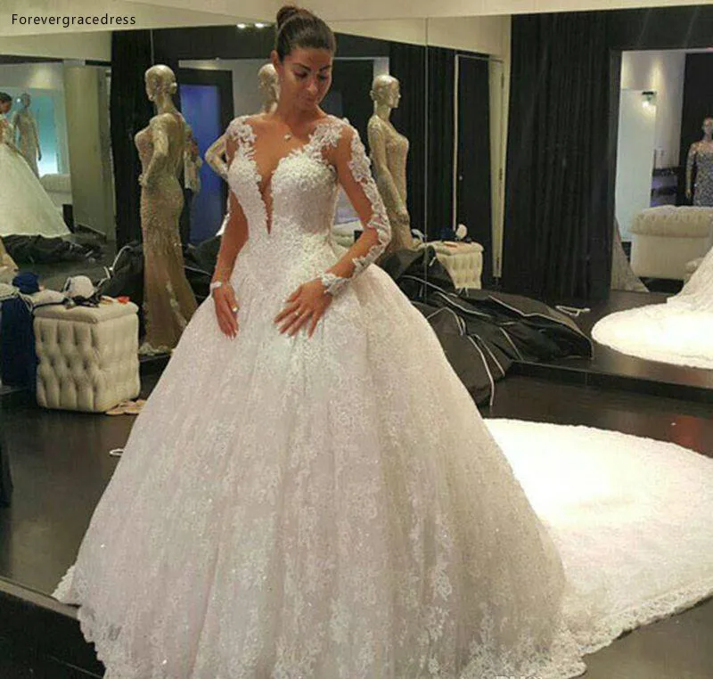 Illusion Back Long Sleeves Wedding Dresses 2018 Lace Ball Gown Wedding Gowns robe de mariage Vestido de noiva sexy BA7671  177