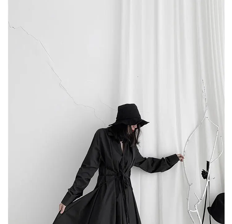 SHENGPALAE Весна Новая мода отложной воротник Длинные Рукава Vestidos черное необычное женское свободное платье Tide 5D282