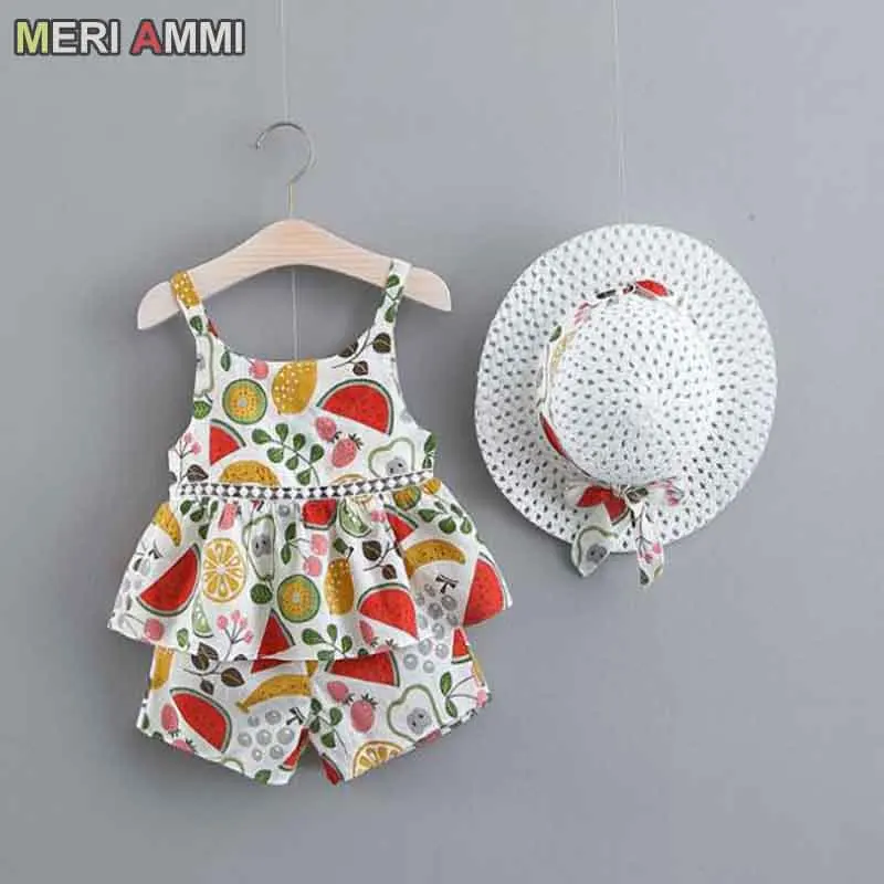 

MERI AMMI 3 pcs Set Children Girl Clothing Outfit Set Sleeveless Floral Tee +Flower Short+Hat For1-5 Year Girl