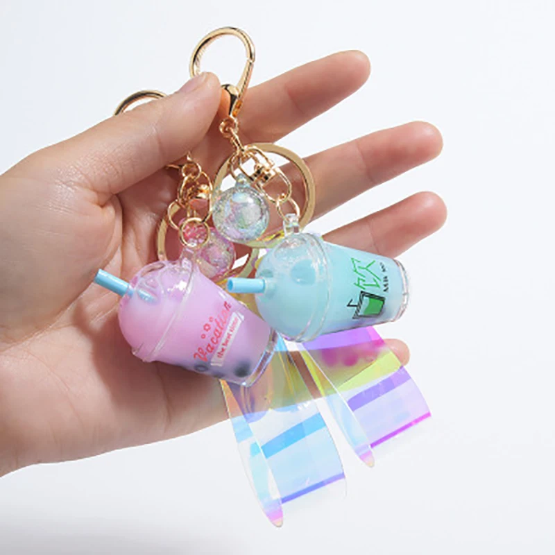 Cute Drinks Bubble Tea Liquid Keyring Floating Quicksand Milk Tea