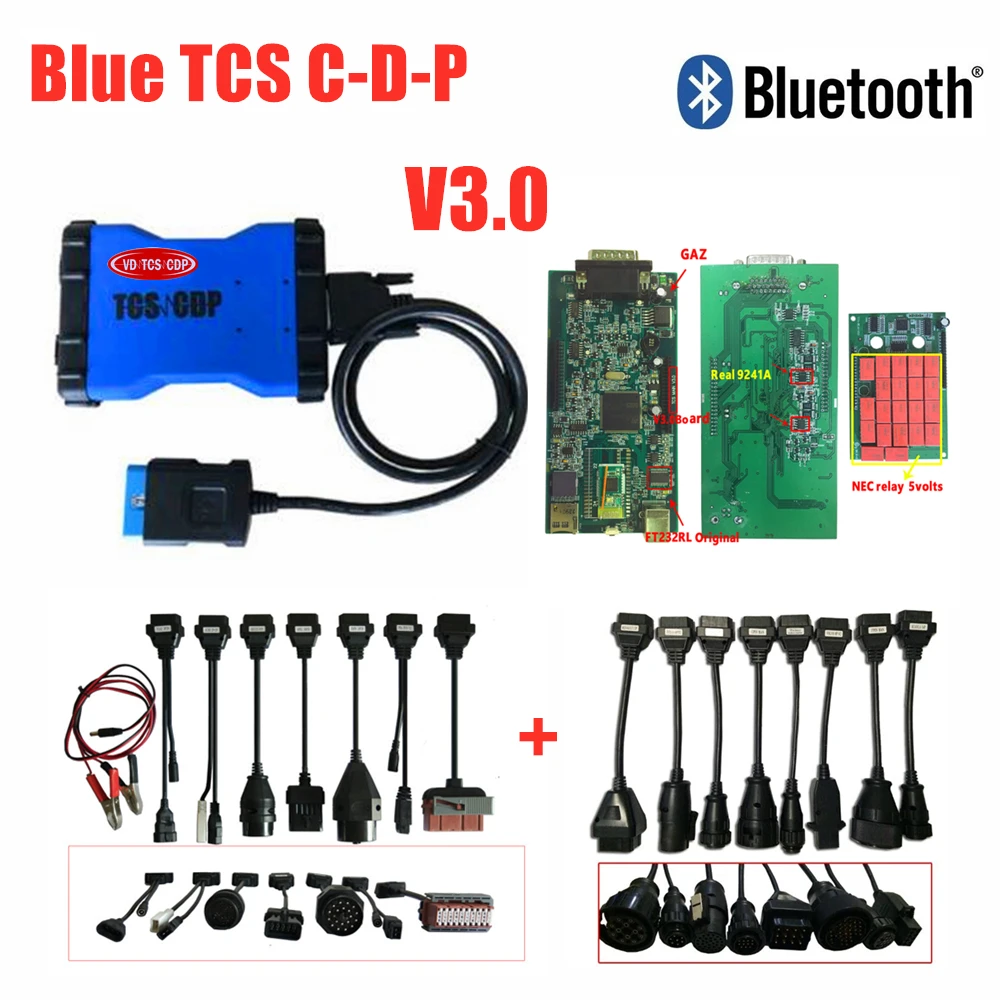 Синий VD TCS C-D-P Pro Plus OBD2 сканер v3.0 pcb с Bluetooth 2016R0 keygen obd Автомобильный диагностический инструмент+ 8 шт. автомобильные/Грузовые кабели - Цвет: with bluetooth