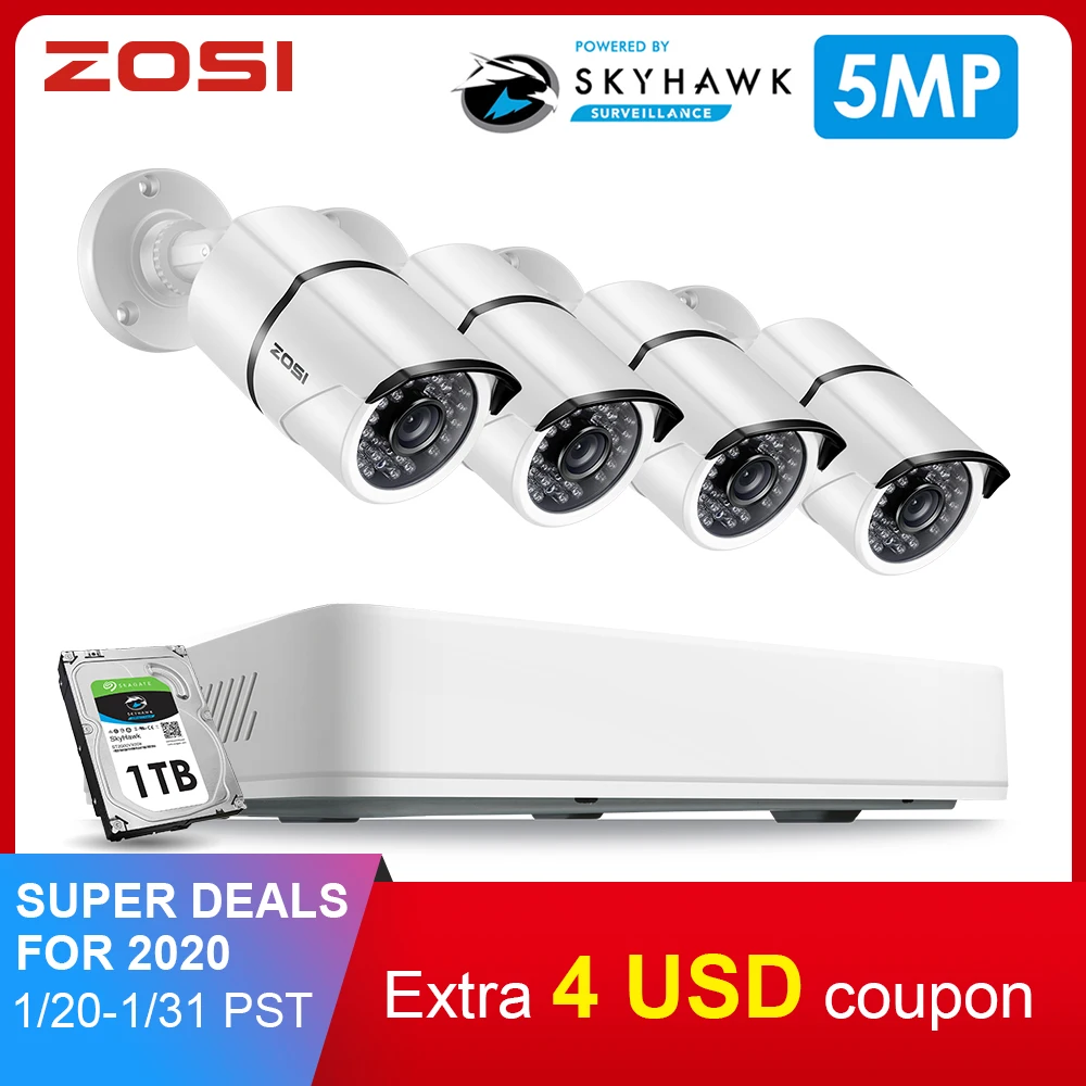  ZOSI 4CH/8CH H.265+ HD 5.0MP Security Camera System with 4 x 5MP HD Outdoor/ Indoor CCTV Camera Sur