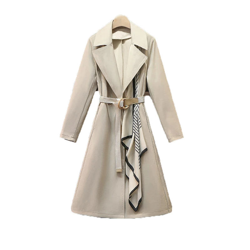 Women Long Slim Windbreaker with Silk Scarf 2021 Female Fashion Elegant Solid Coat Spring Autumn Trendy Jacket Tops | Женская одежда