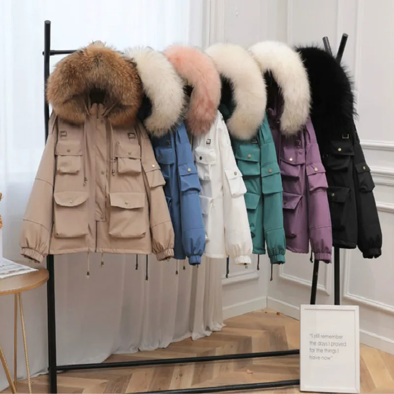 

Women Down Coat Winter Thick 90% White Duck Down Parka Large Natural Raccoon Fur Female Hooded Short Jacket Loose Down Outerwear