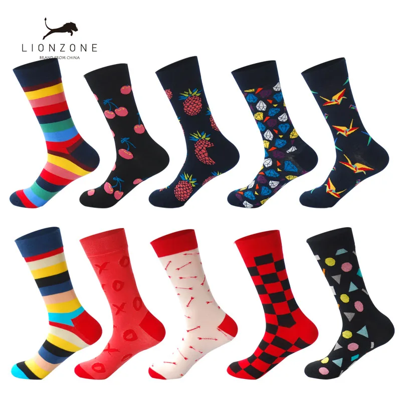 LIONZONE 10Pairs/Lot Funny Socks Men Calcetines Divertidos Gifts for Colorful Designer Brand Happy Meias Masculino | Мужская одежда