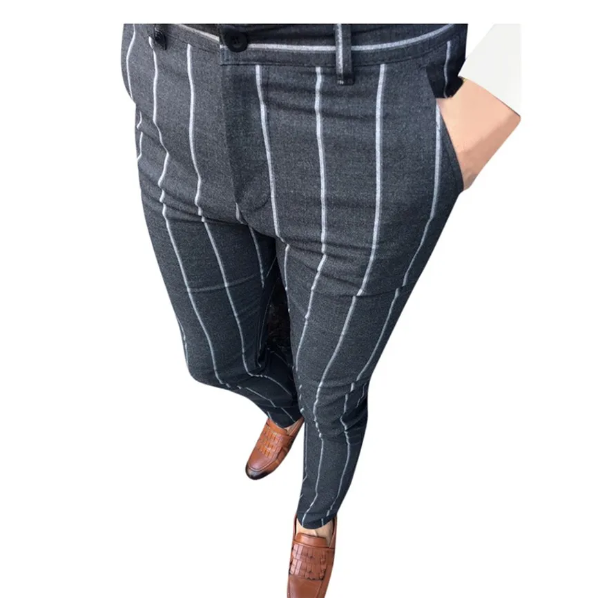 Dark Gray Модные мужские брюки в полоску, деловые, повседневные, облегающие, панталоны, мужские, классические, винтажные, клетчатые, костюм, брюки для свадьбы - Цвет: Dark Gray