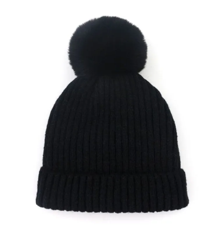 New Lady Casual Wool Beanies Thick Warm Knitted Hat Curled Striped Faux Fur Pom pom Skullies Bone Gorros